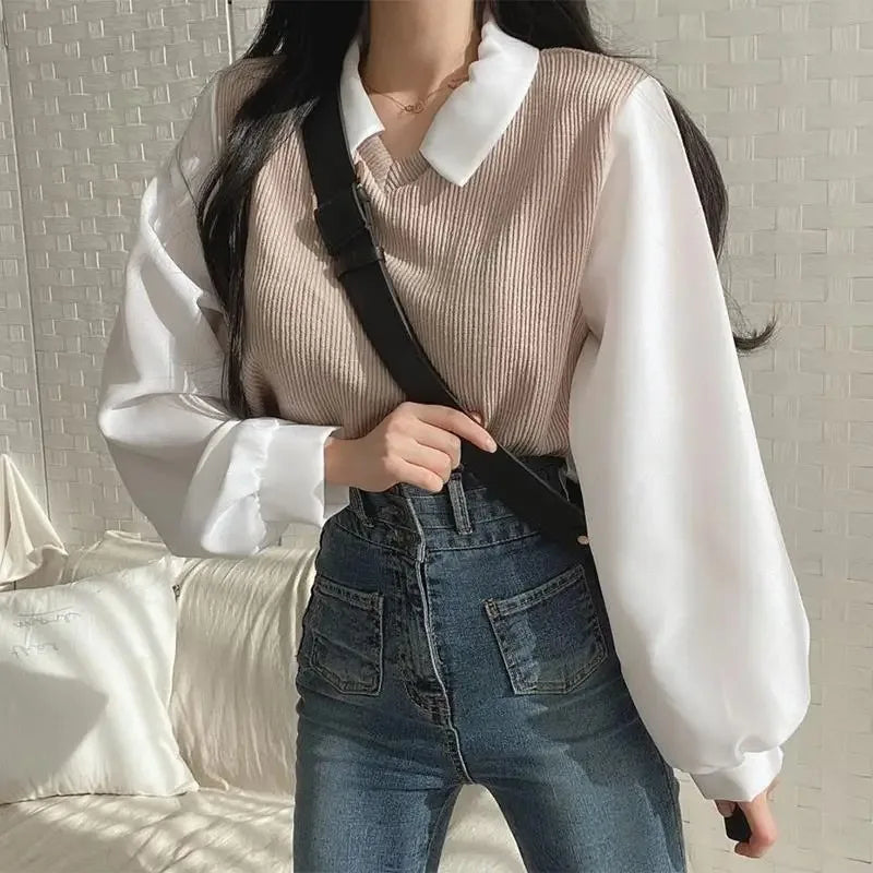 Women's Korean Style Polo Collar Blouse – Y2K False Two-Piece Loose Streetwear Top