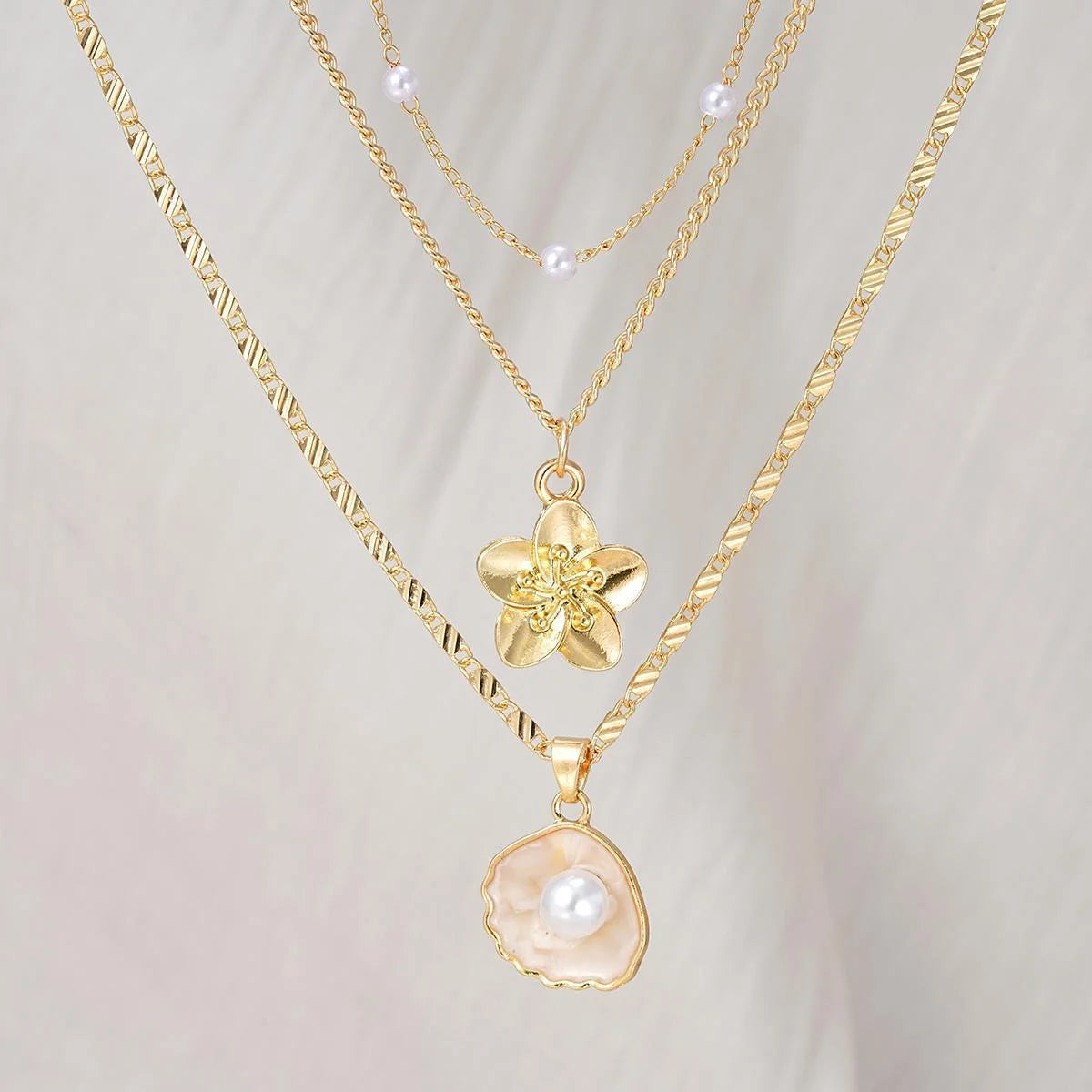 3-Piece Seashell Flower & Pearl Necklace Set – Summer Beach Jewellery Gift