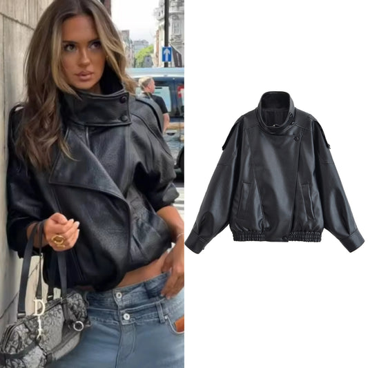 Women's Faux Leather Motorcycle Jacket – Black Long Sleeve Fashion Jacket