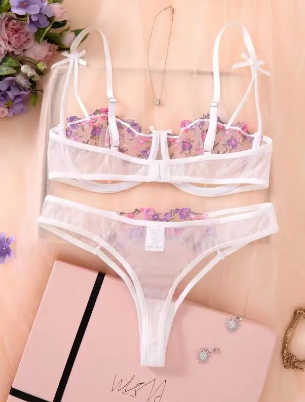 Women's Floral Embroidery Lace Lingerie Set – Sexy 2-Piece Underwear Bra & Briefs