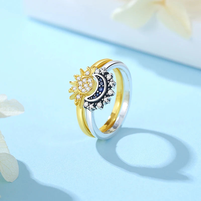 Original 925 Sterling Silver Rings Sun Moon Star Pave CZ Gold Color Stackable Ring For Women Engagement Gift Jewelry