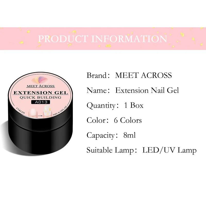 MEET ACROSS 8ml Gold Foils Quick Extension Gel Nail Polish Pink Nude Orange Glitter Finger Prolong Nail Art UV Hard Gel Nails