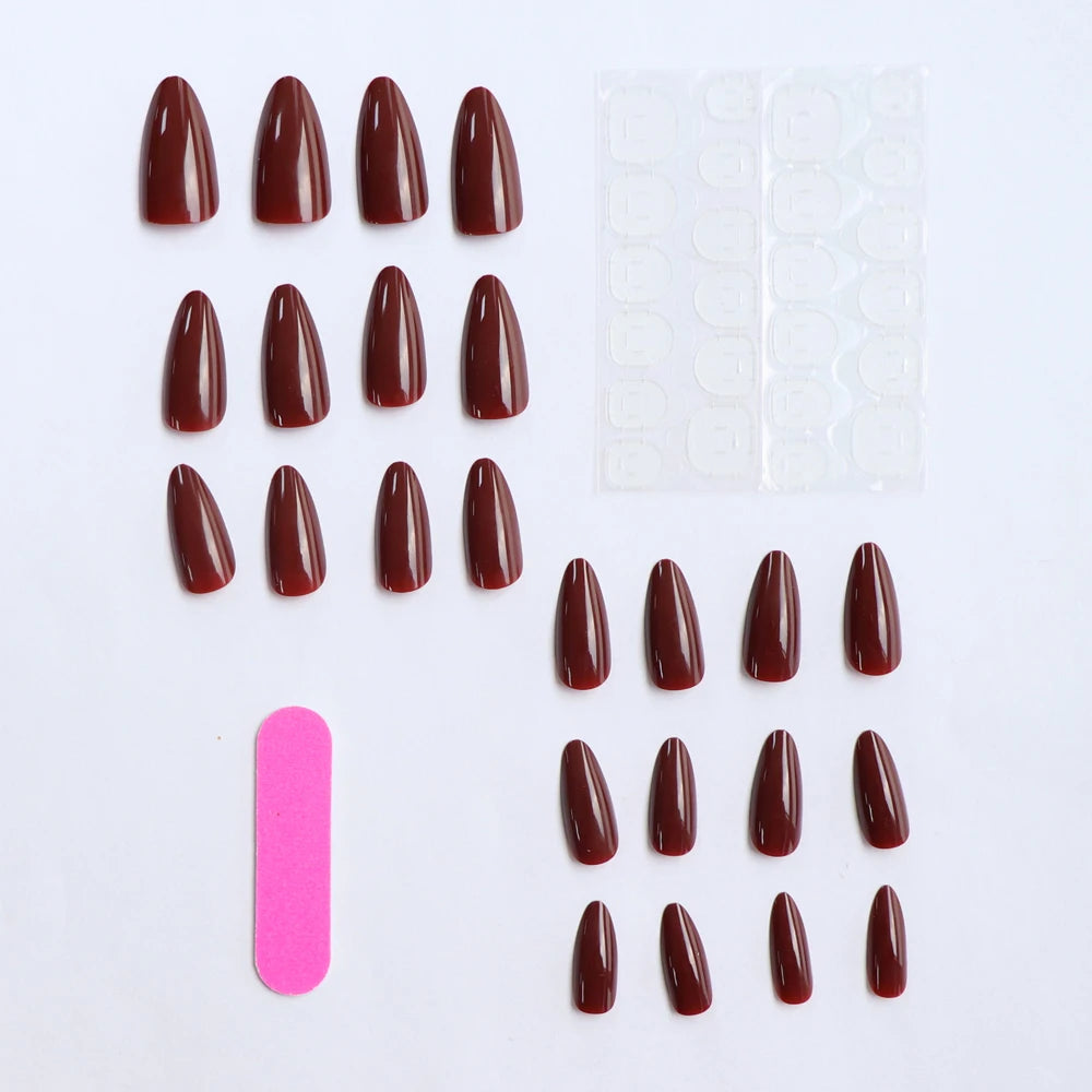 24Pcs/Set Simple Wine Red Fake Nails Mid-length Almond Press on Nails Art Wearable Round Head Oval Full Cover False Nail Tips