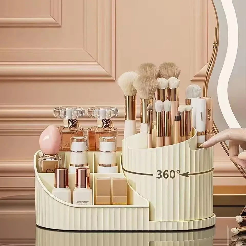 360° Rotating Vanity Makeup Organiser with Brush Holder – Skincare Storage