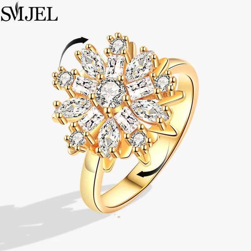 Bohemia Fidget Spinner Ring Anxiety for Women Multiple Crystal Flower Adjustable Open Rings Rotate Anti Stress Wedding Jewelry