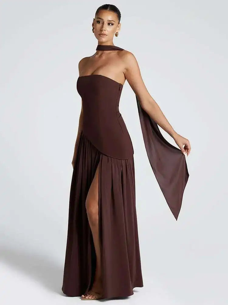 Elegant Off-shoulder Strapless Sexy Summer Party Women Gown Patchwork Pleat Scarf Neck Holiday Evening High Split Long Dresses