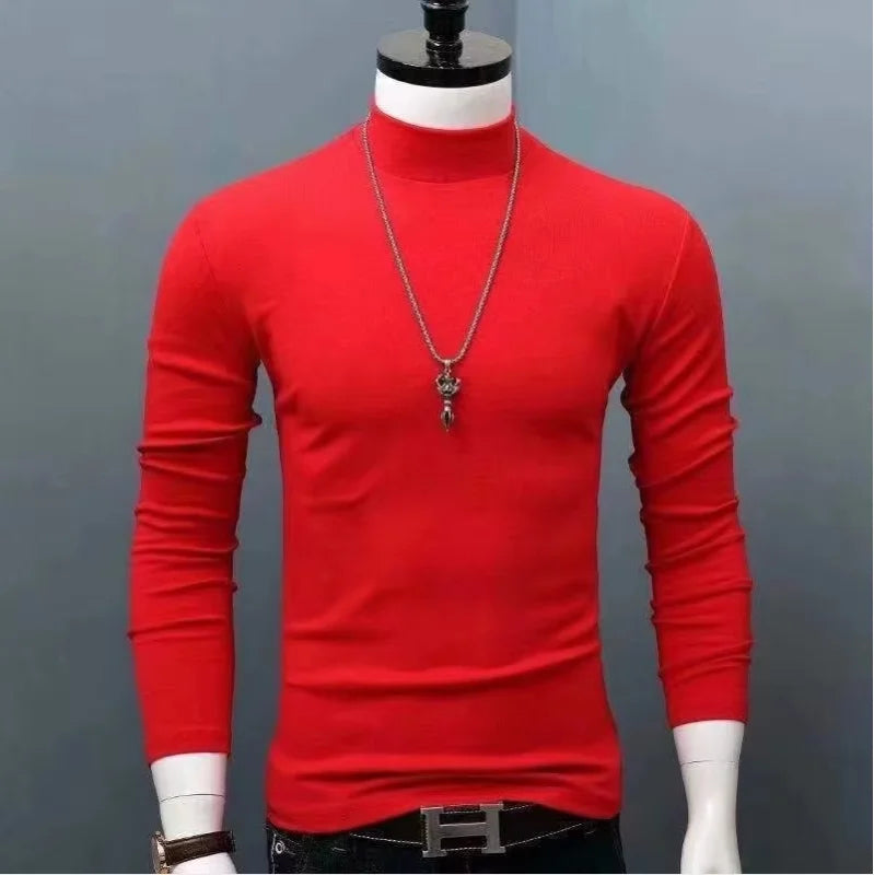 Fashion Men's Oversize High Collar Long Sleeves Autumn Winter Pure Thermal Shirt for Men Layering Stylish T-Shirt