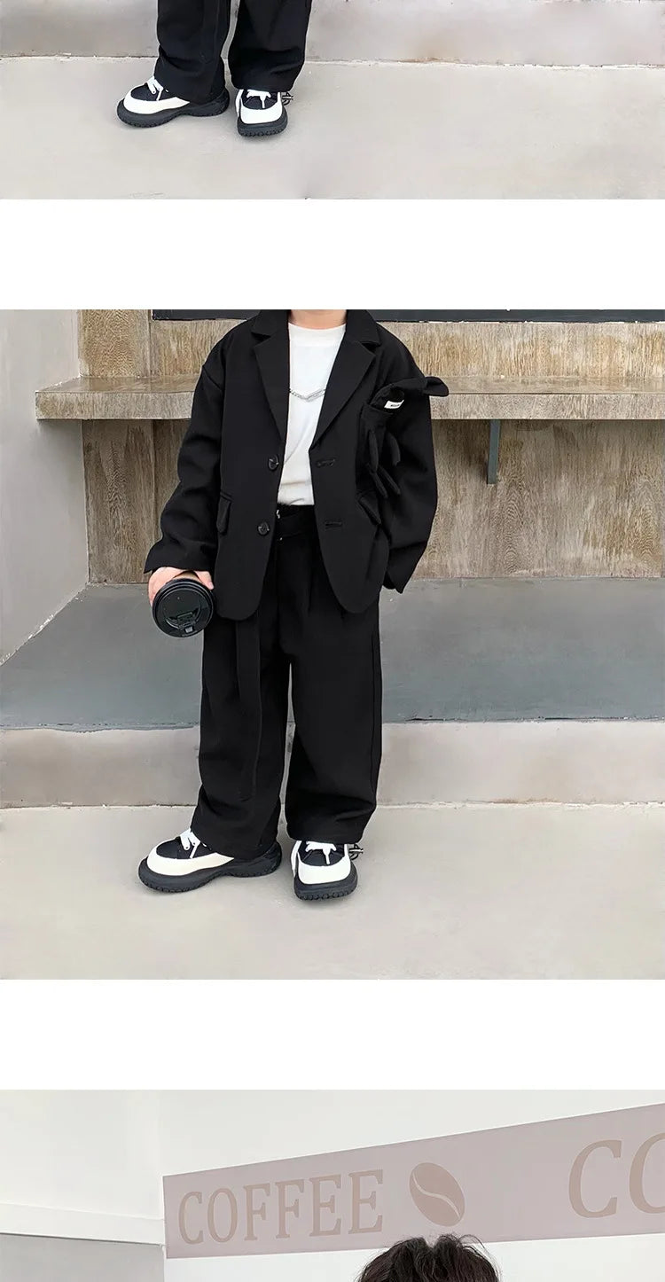 Kids Suits Fashion Casual Blazers Wide-legged Trousers 2 Piece Girls Clothes Set Khaki Loose Children Wedding Birthday Costumes