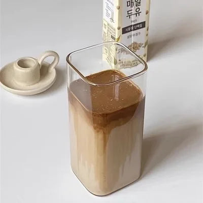 Square Heat-Resistant Glass Coffee Cup with Lid & Straw – 400ml Transparent Mug