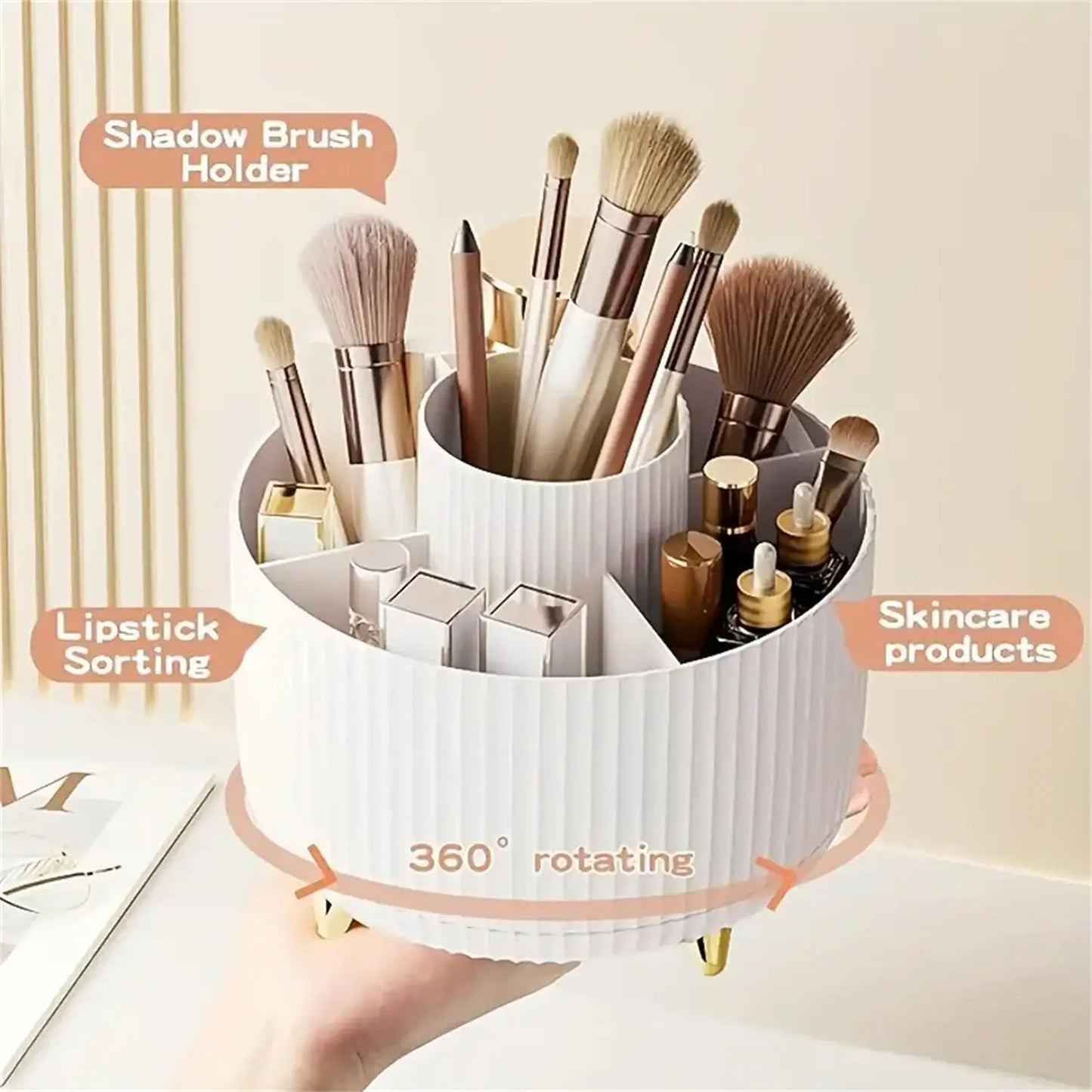 360° Rotating Makeup Organiser – 5-Compartment Cosmetic Storage for Brushes