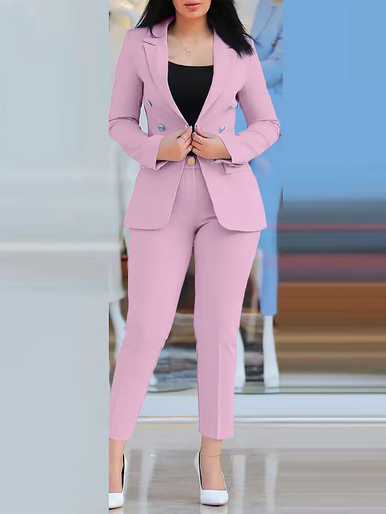 2-delige dameskledingset voor op kantoor: blazer met lange mouwen en potloodbroek met hoge taille, effen kleur