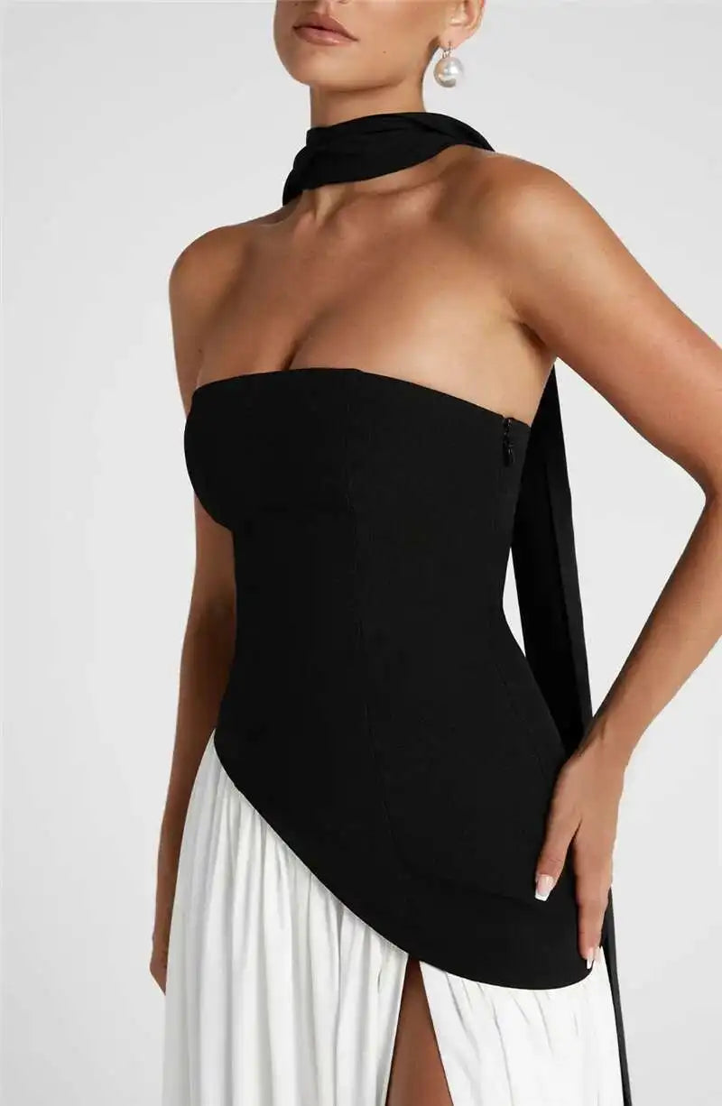 Elegant Off-shoulder Strapless Sexy Summer Party Women Gown Patchwork Pleat Scarf Neck Holiday Evening High Split Long Dresses
