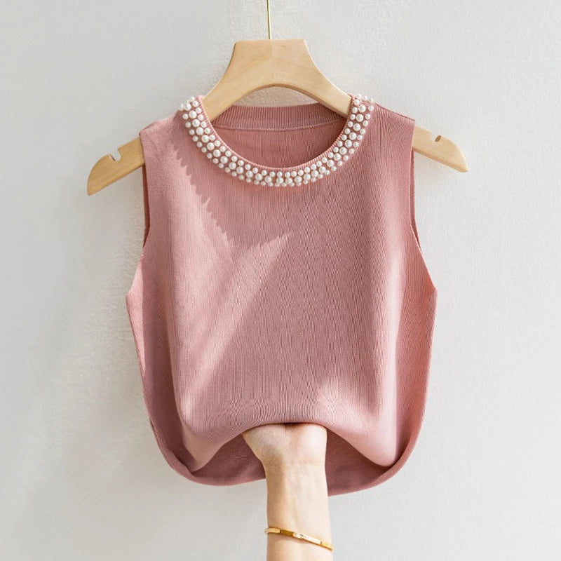 Korean Knitted Beaded Sleeveless Vest Top – Women's Casual Summer Fashion
