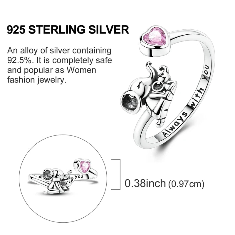 925 Sterling Silver Creative Elephant Parent Child Open Ring Sparkling Zircon Rings For Women Fine Anniversary Jewelry Gifts