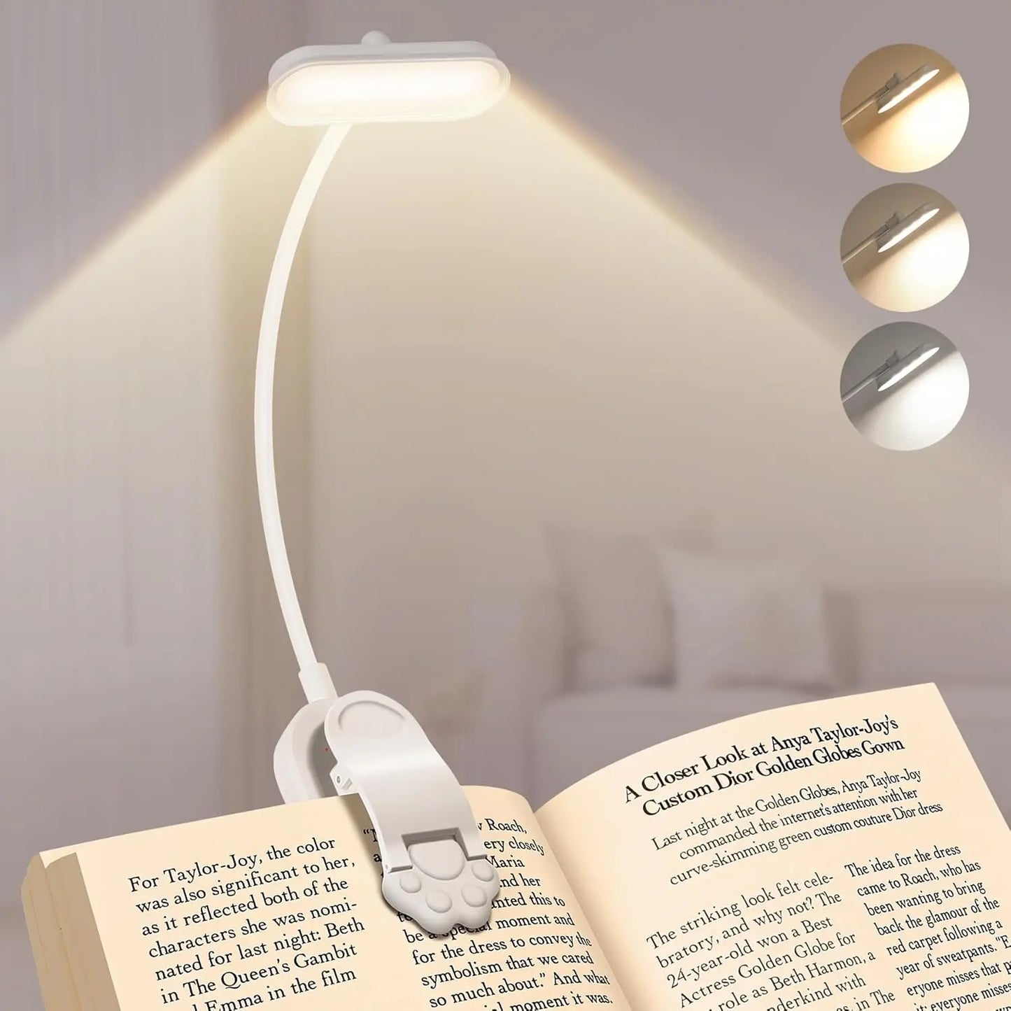 LED Book Light USB Rechargeable Reading Light 3-Level Warm Cool White Daylight Portable Flexible Easy Clip Night Reading Lamp