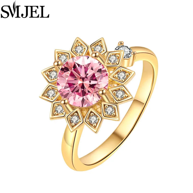 Bohemia Fidget Spinner Ring Anxiety for Women Multiple Crystal Flower Adjustable Open Rings Rotate Anti Stress Wedding Jewelry