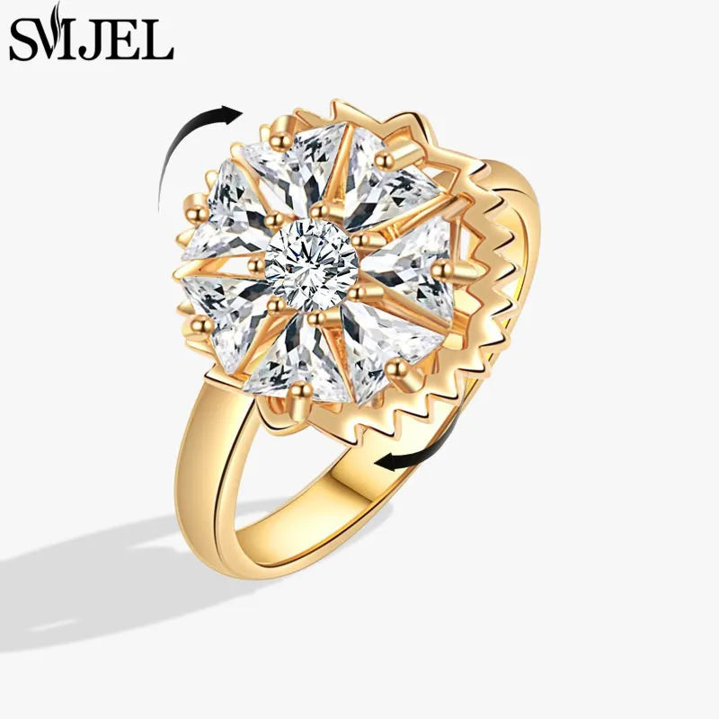 Bohemia Fidget Spinner Ring Anxiety for Women Multiple Crystal Flower Adjustable Open Rings Rotate Anti Stress Wedding Jewelry