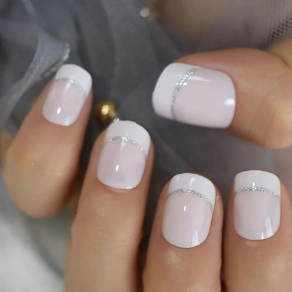 24pcs/set short square fake nails for women cute bride heart white french tips faux ongles y2k press on false nail supplies