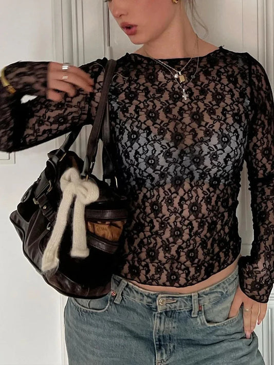 Women's Long Sleeve Lace Crop Top – Sexy Sheer Bodycon Top