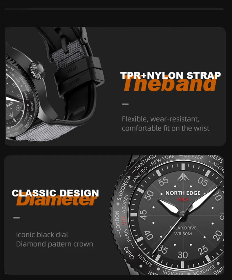 NORTH EDGE MACH Solar Power Quartz watch Men Waterproof 50M Men's Pilot Sports Wristwatches Luminous Enviormentally Clock