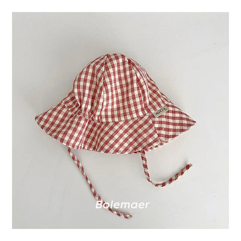 Wide Brim Summer Sun Hat For Baby Plaid Print Fisherman's Hat Children Cotton Bucket Cap For Boys Baby Girls Sunhat Kids Bonnet