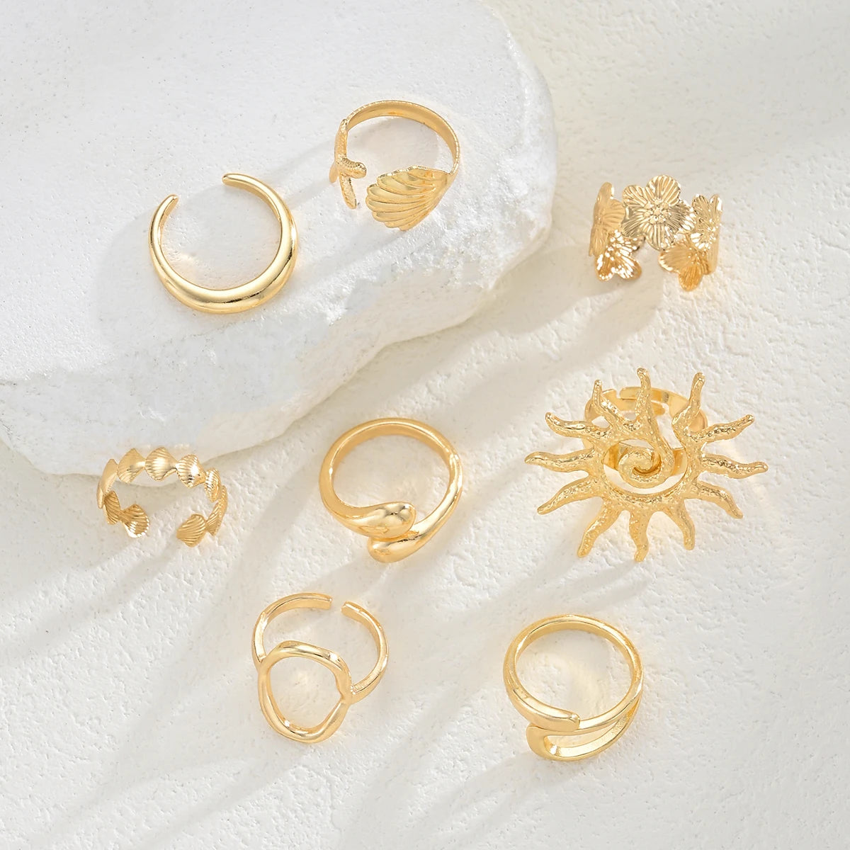 8 Pcs/Set Bohemia Sun Starfish Shell Open Rings for Women Trendy Punk Geometric Gold Color Knuckle Joint Ring Beach Jewelry Gift